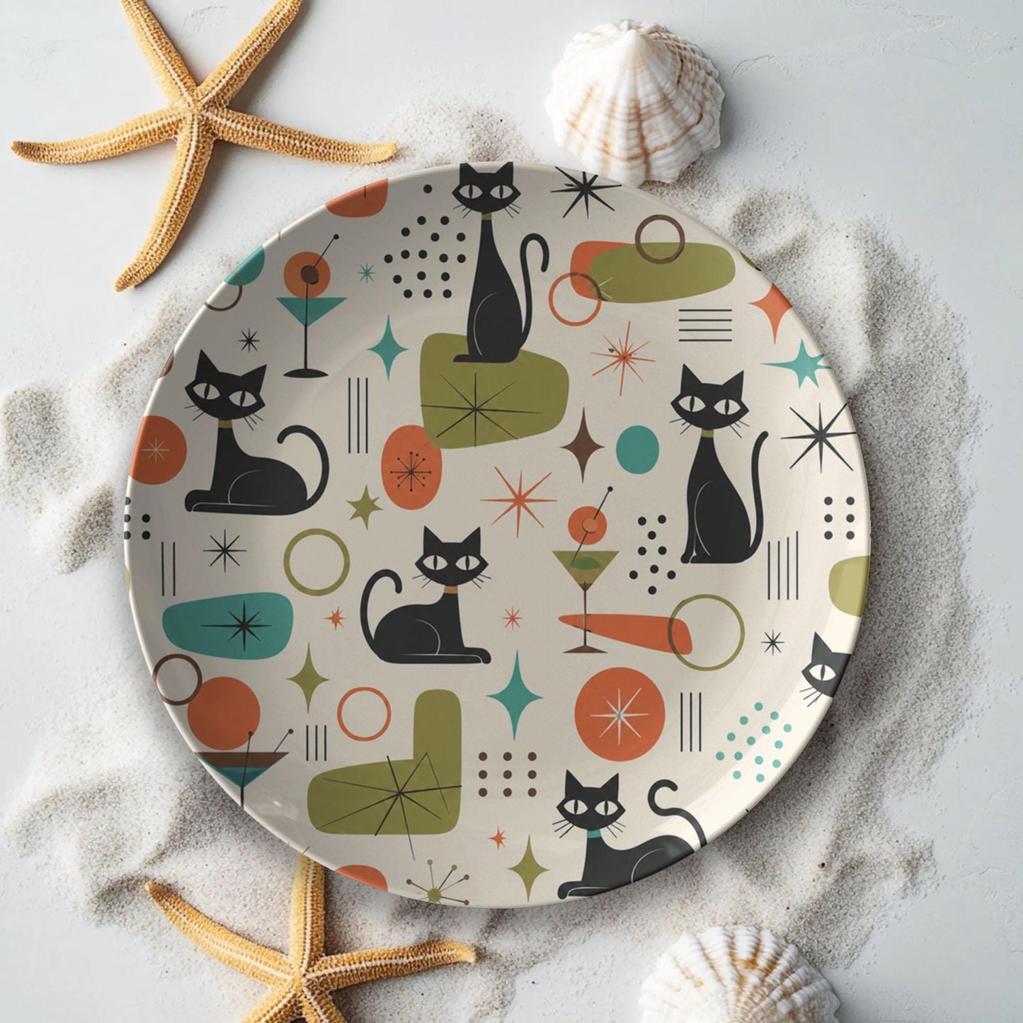 Mid-Century Cat Plates | 10-Inch Unbreakable Dinnerware for Kitty Lovers, Vintage Style