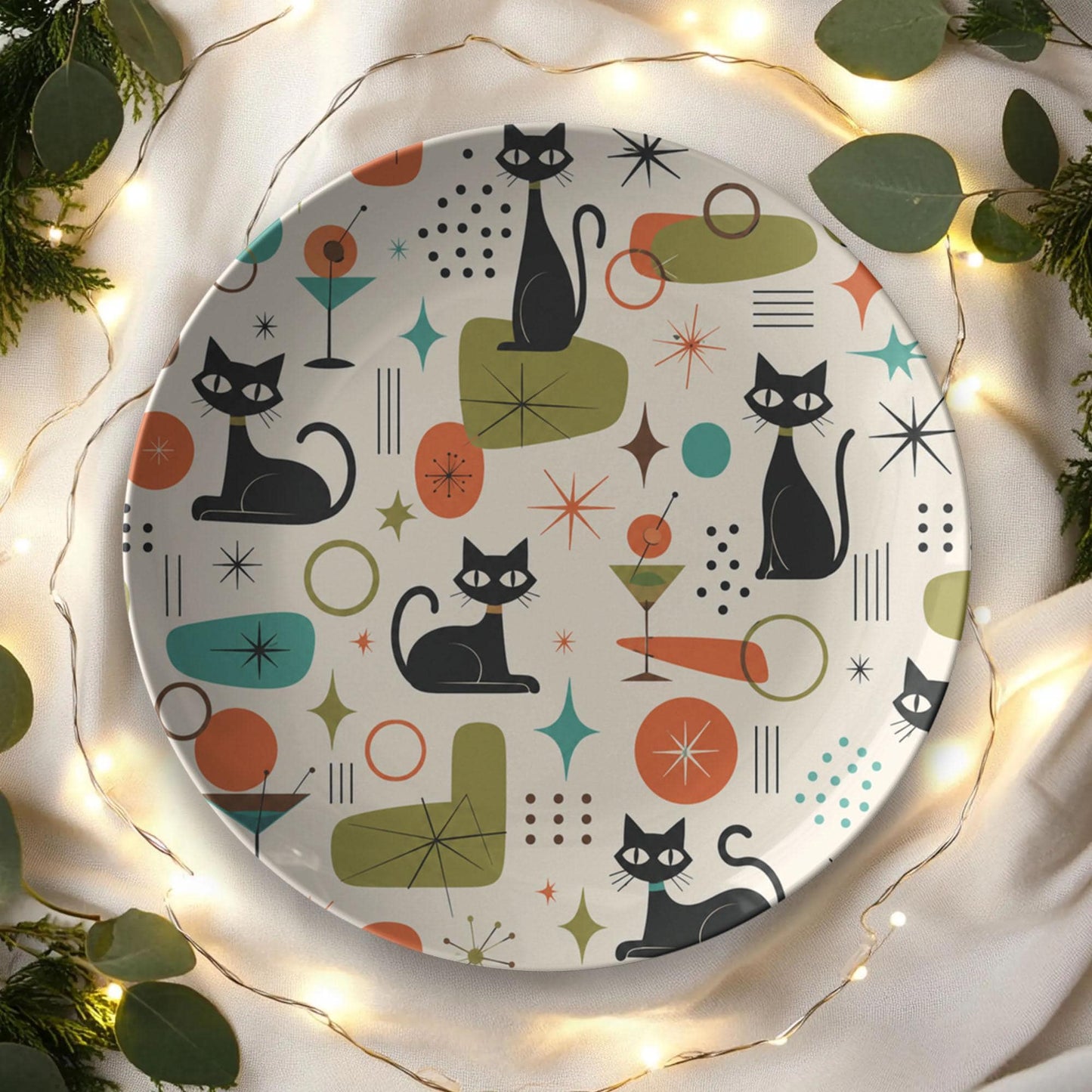 Mid-Century Cat Plates | 10-Inch Unbreakable Dinnerware for Kitty Lovers, Vintage Style