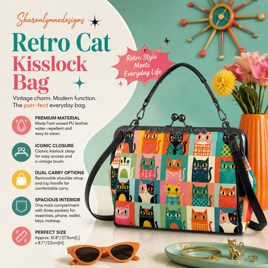 Retro Cat Crossbody Bag with Kiss Lock, Vintage Style Purse, Colorful Animal Print