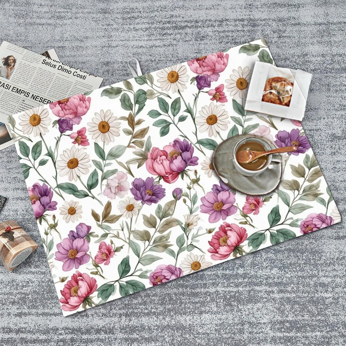 Spring Floral Dish Drying Mat, Large Microfiber Kitchen Absorbent Pad (24 x 18 Inches)