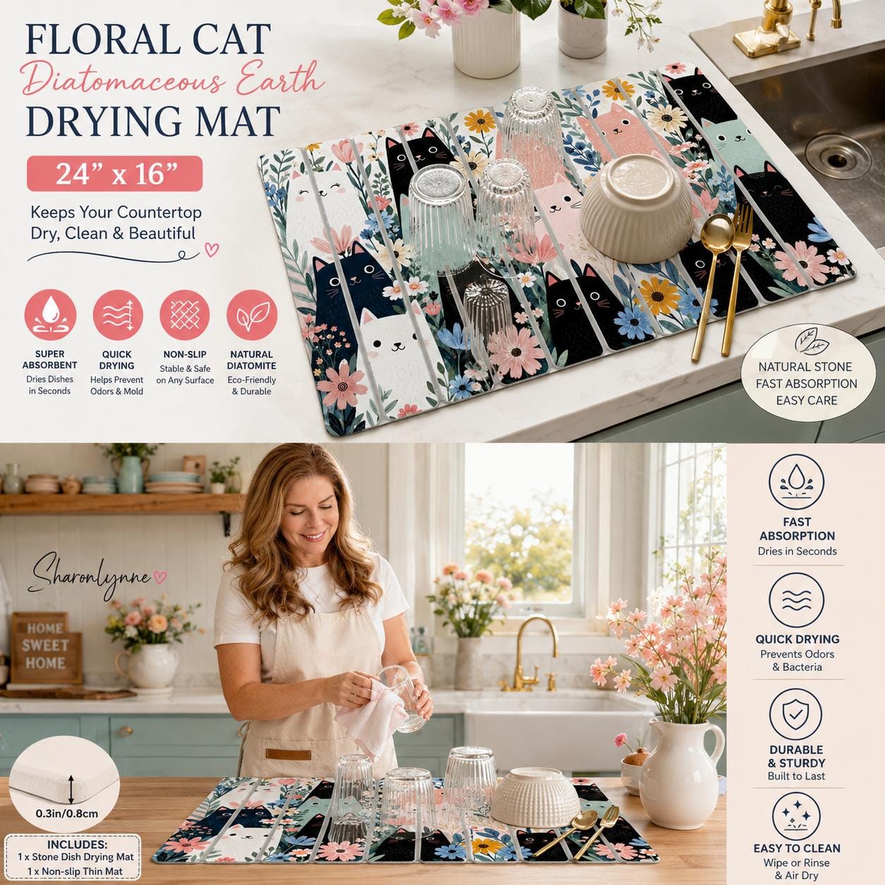 Floral Cat Stone, Earth Drying Mat, Kitchen Decor
