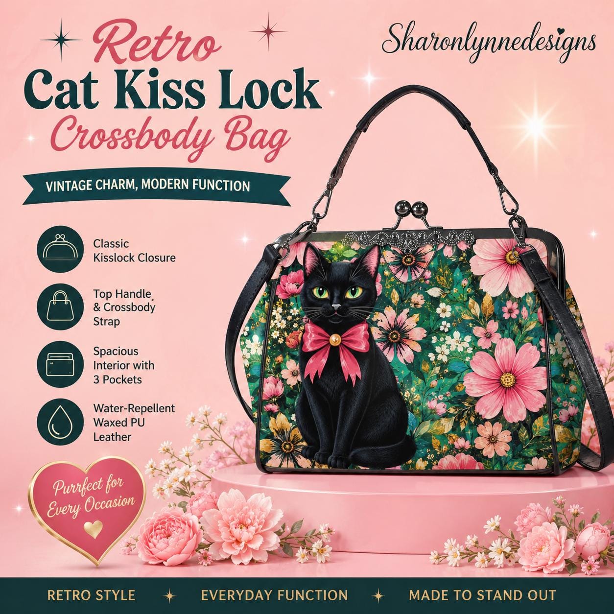 Floral Cat Crossbody Bag with Kisslock Closure, Vintage Charm, Waxed PU Leather