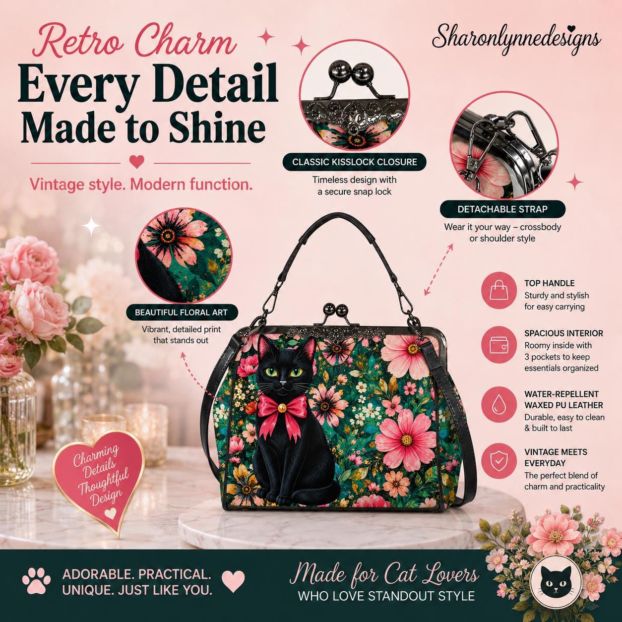 Floral Cat Crossbody Bag with Kisslock Closure, Vintage Charm, Waxed PU Leather
