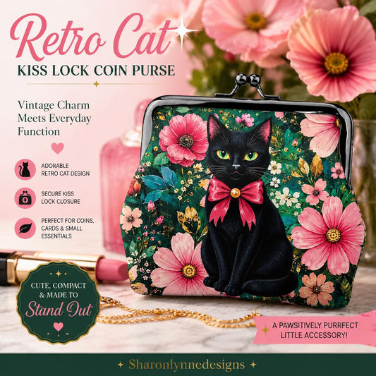 Floral Cat Leather Kiss Lock Coin Purse for Women | Vintage Clasp Pouch