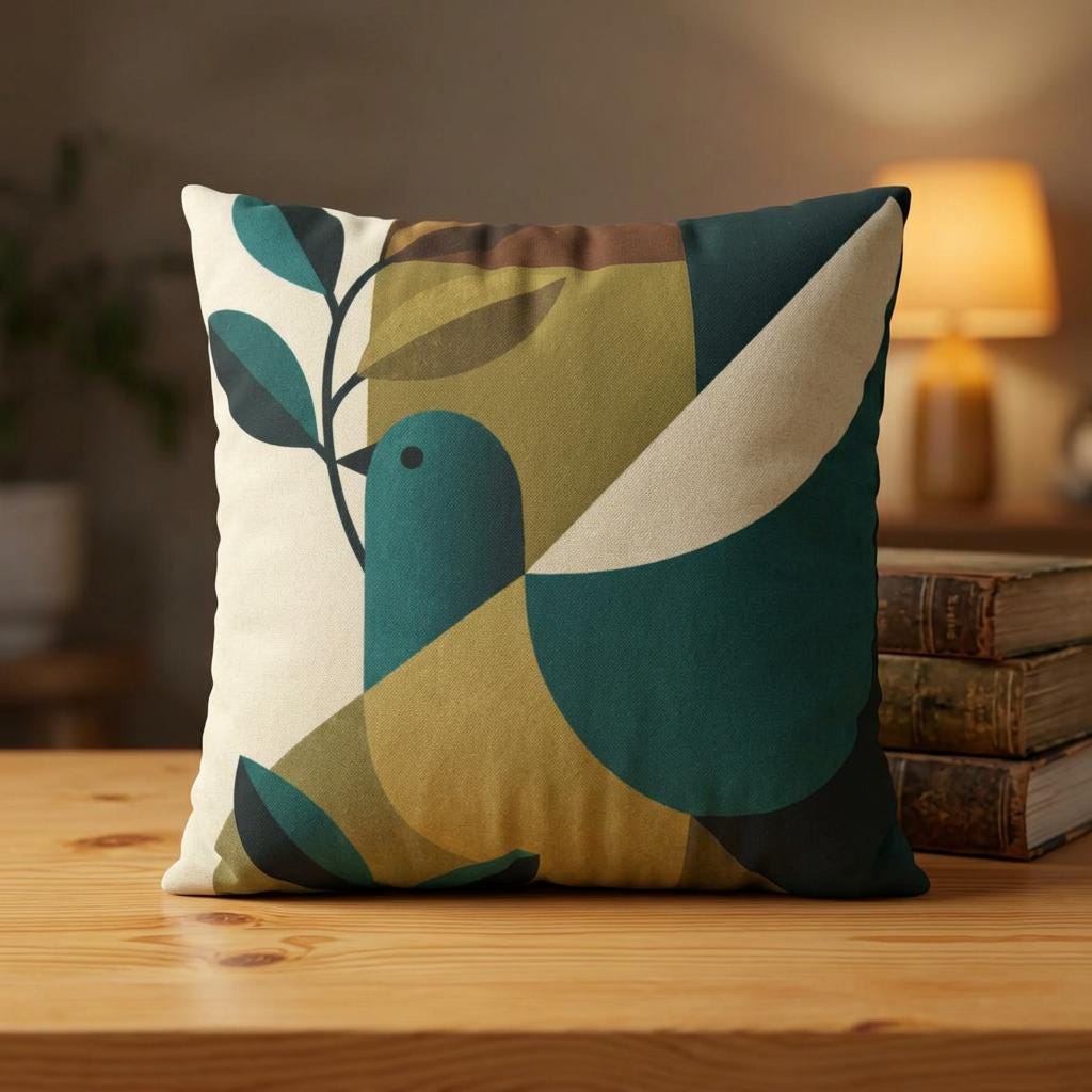 Mid-Century Bird Pattern Faux Suede Square Pillowcase