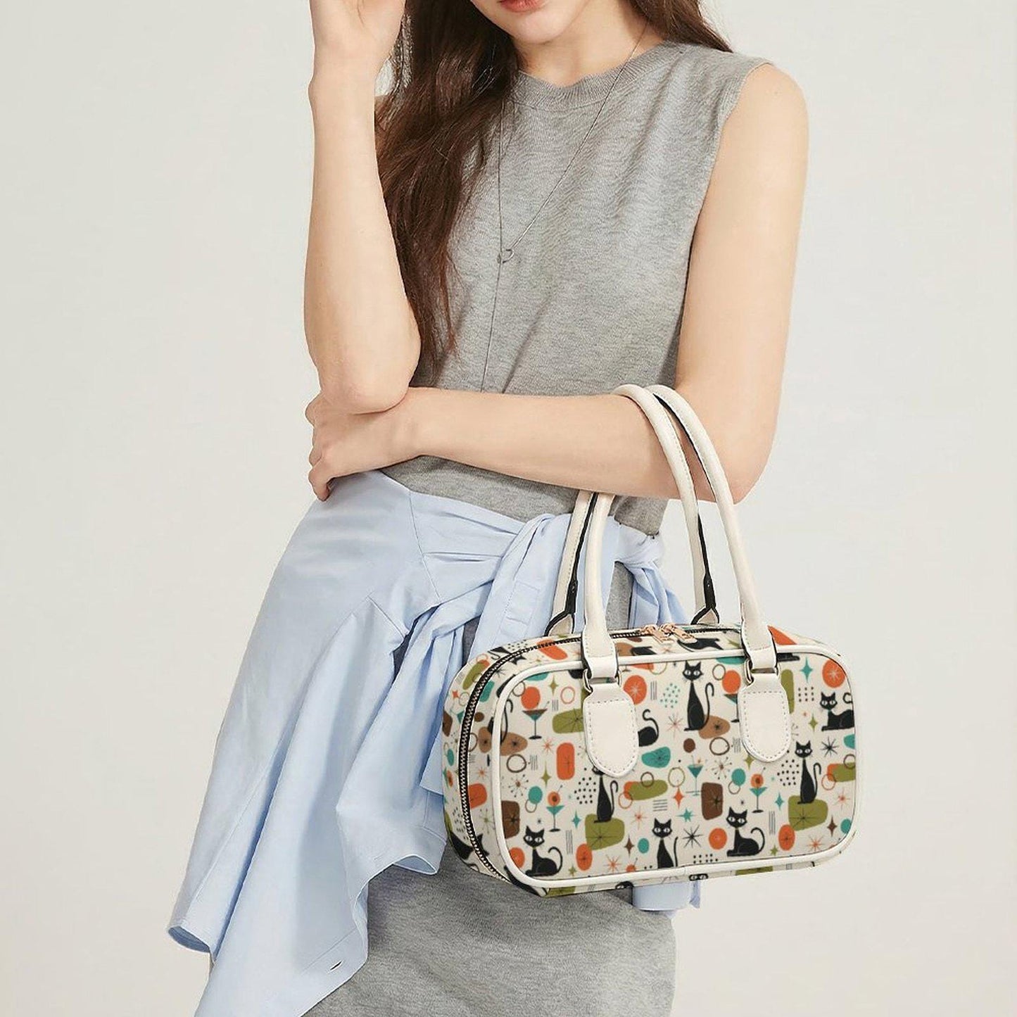 Retro Cat Barrel Handbag, Water-Resistant PU Leather, Animal Print Purse