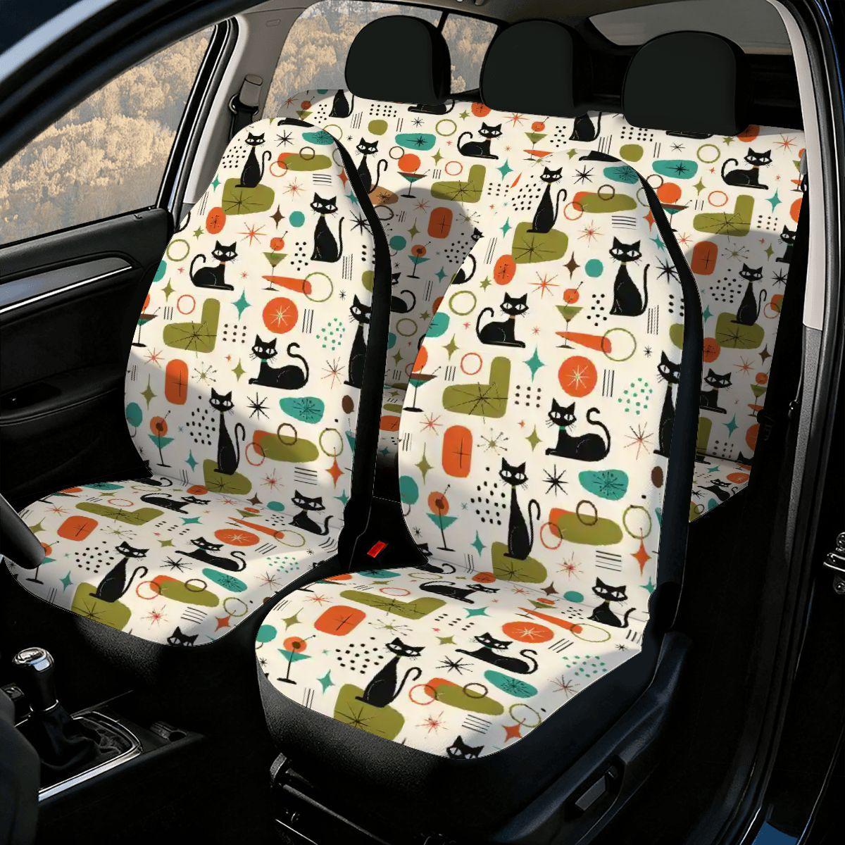 Retro Cat Car Seat Covers Full Set | Vibrant Pattern, Polyester & Sponge Material