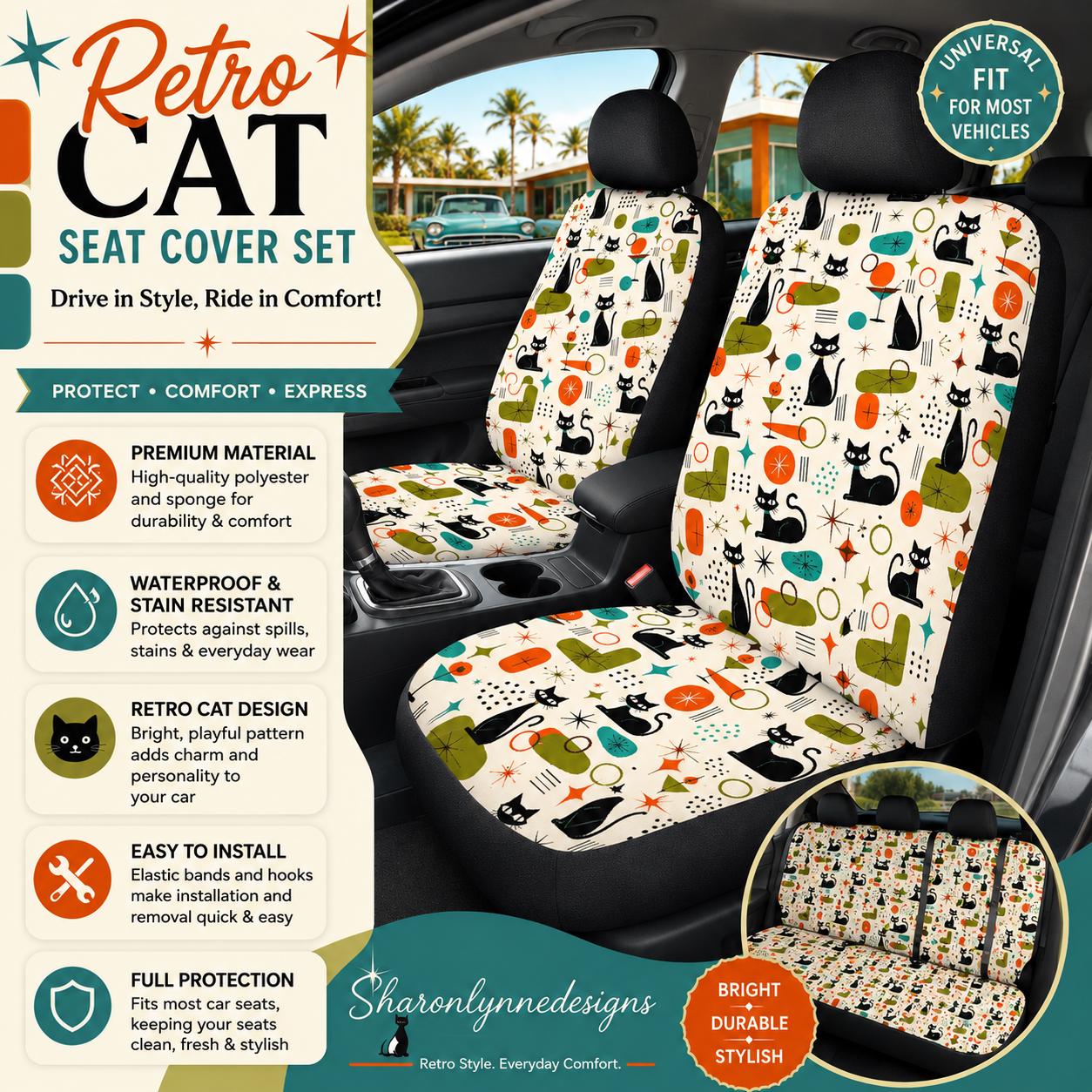Retro Cat Car Seat Covers Full Set | Vibrant Pattern, Polyester & Sponge Material