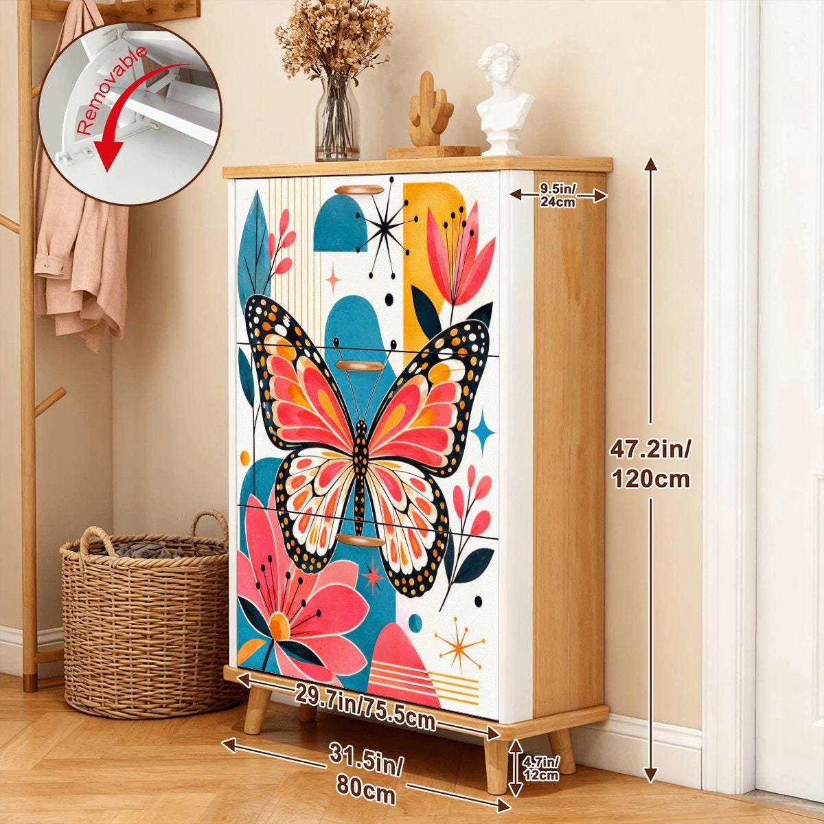 Mid-Century Butterfly Shoe Cabinet | Modern Storage Unit with 12-22 Pairs Capacity