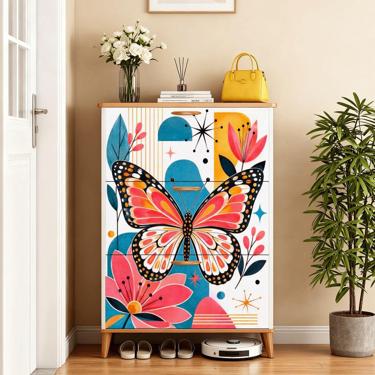 Mid-Century Butterfly Shoe Cabinet | Modern Storage Unit with 12-22 Pairs Capacity