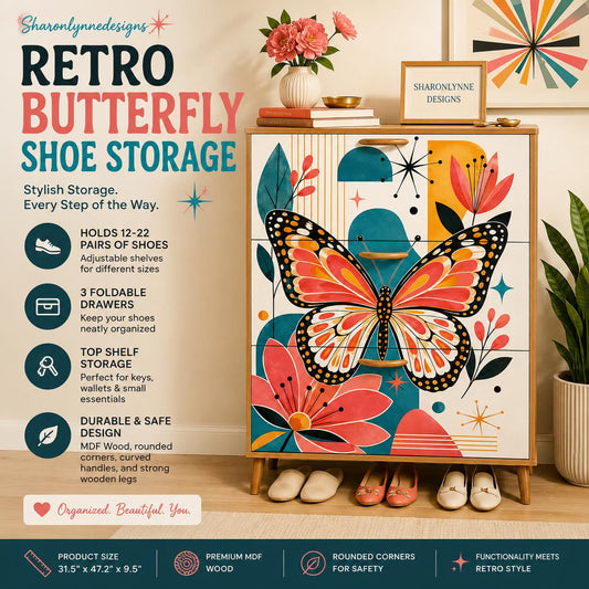 Mid-Century Butterfly Shoe Cabinet | Modern Storage Unit with 12-22 Pairs Capacity