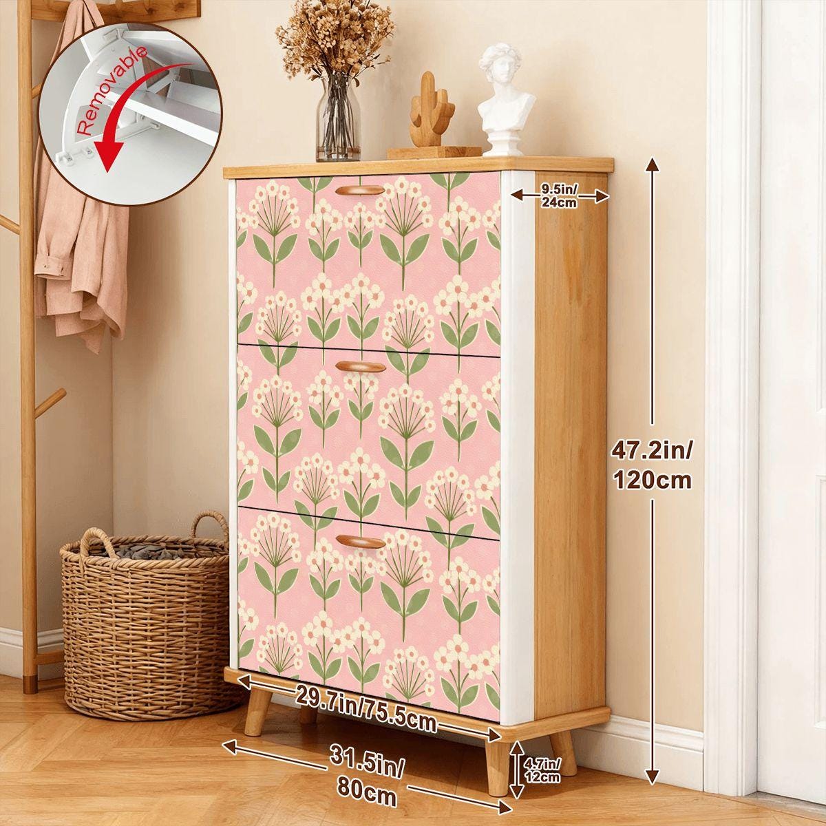 Pink Flower Shoe Cabinet | Made in USA | Durable Storage Organizer with Floral Pattern