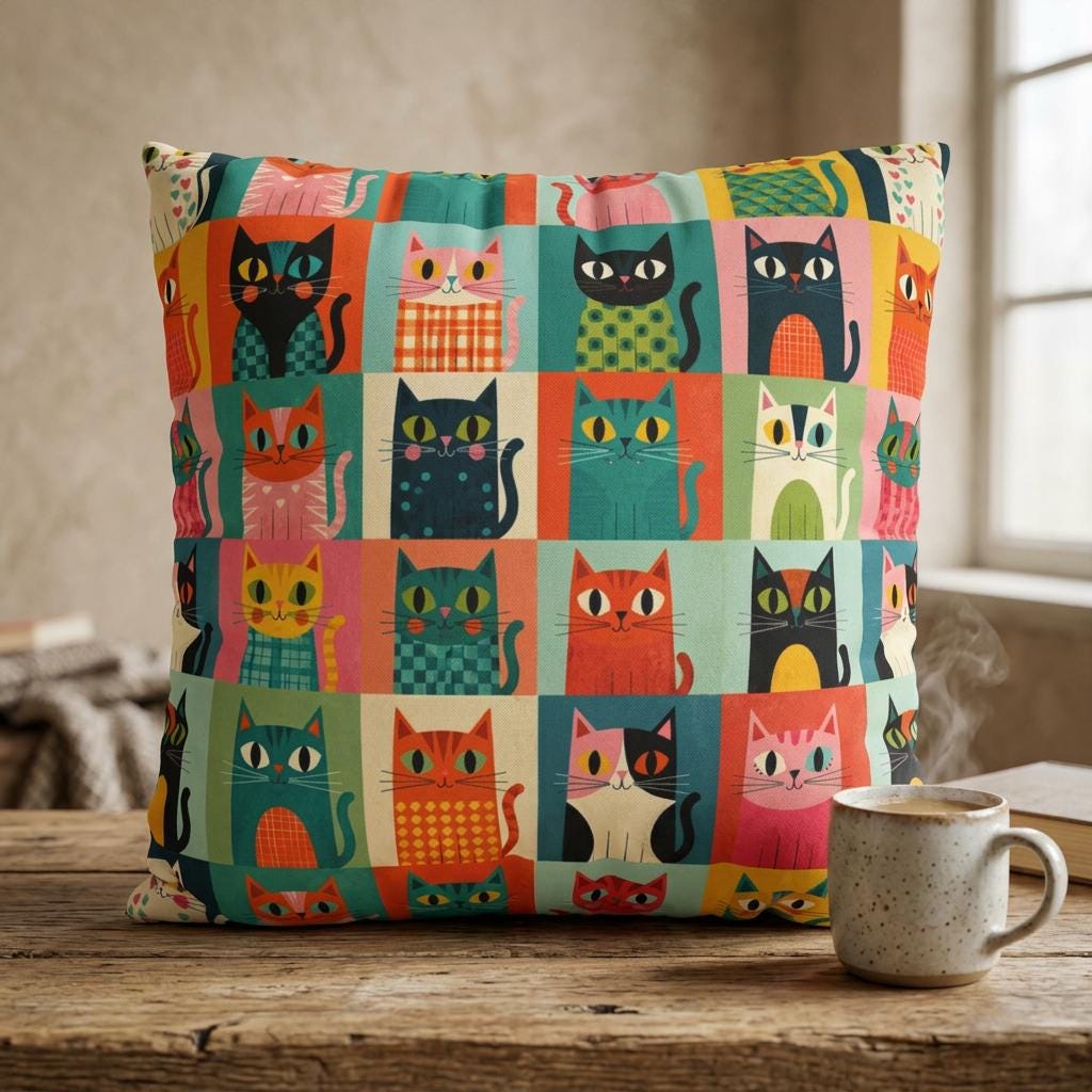 Colorful Retro Cat Pattern Faux Suede Pillowcase, Square Throw Pillow Cover