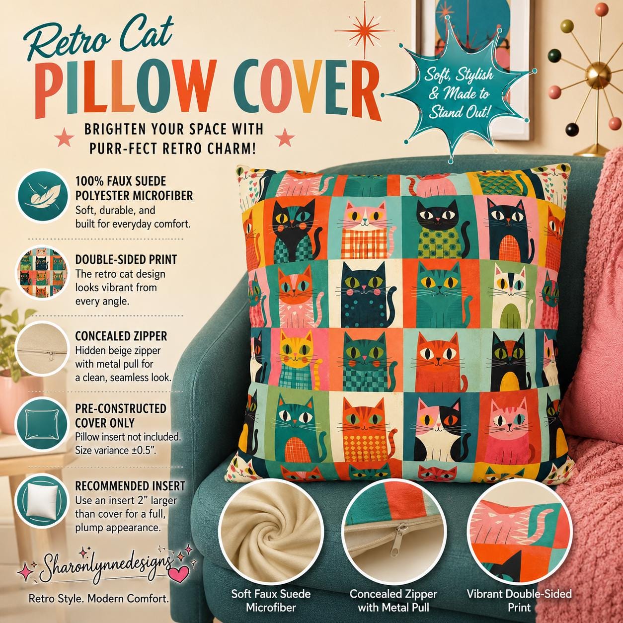 Colorful Retro Cat Pattern Faux Suede Pillowcase, Square Throw Pillow Cover