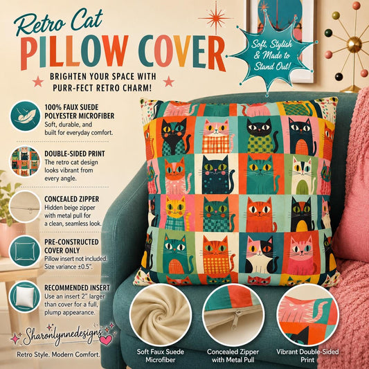 Colorful Retro Cat Pattern Faux Suede Pillowcase, Square Throw Pillow Cover