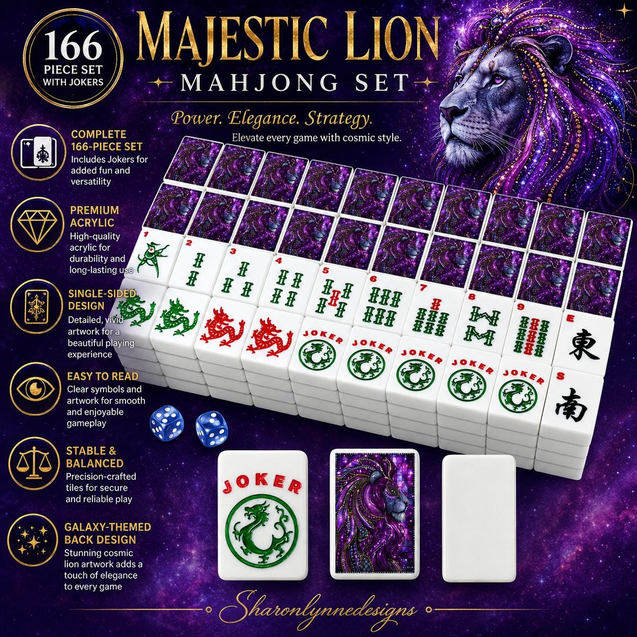 Majestic Lion Mahjong Tiles Set Single Layer | 166-Piece Acrylic American Game