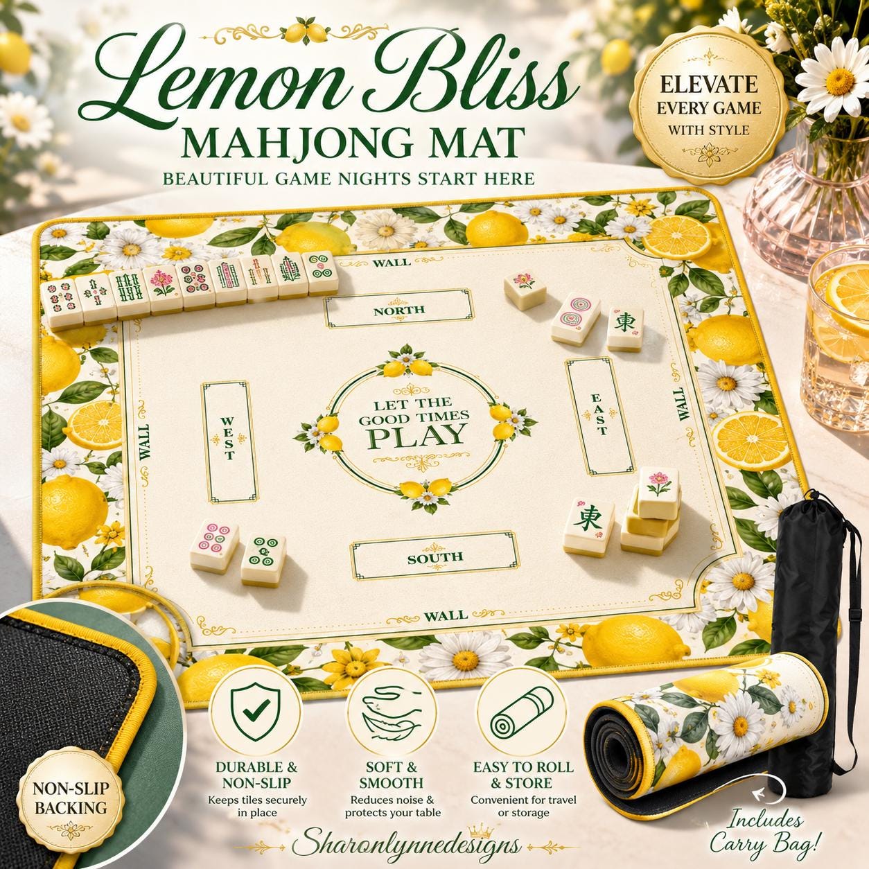 Lemon Mahjong Mat | Vibrant Floral Game Board, Durable Polyester Surface