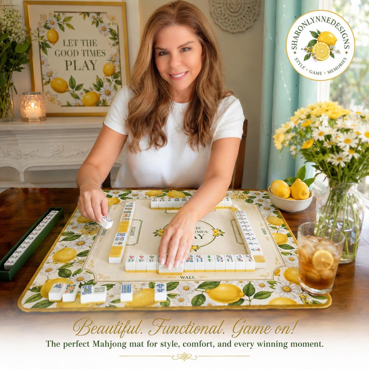 Lemon Mahjong Mat | Vibrant Floral Game Board, Durable Polyester Surface