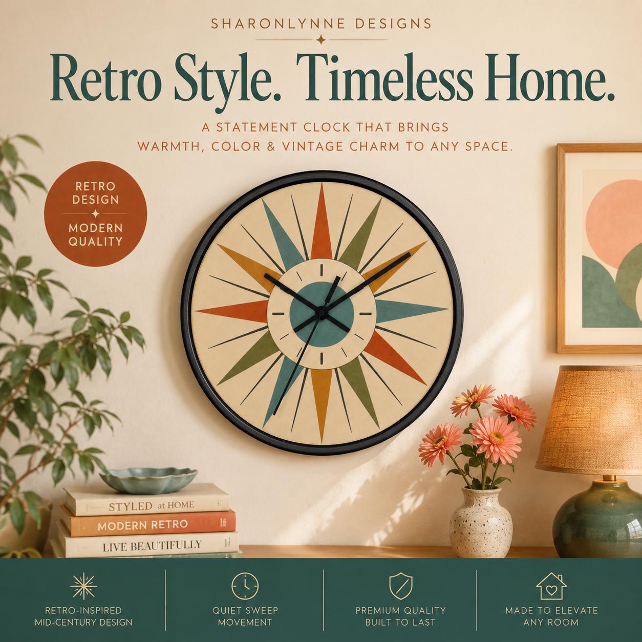 Mid Century Starburst Wood Clock | Retro Atomic Wall Decor