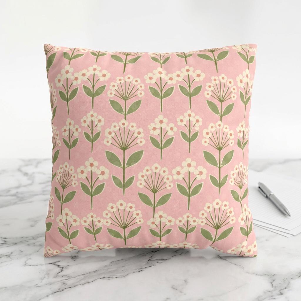Pink Floral Pattern Faux Suede Pillowcase | Square Throw Pillow