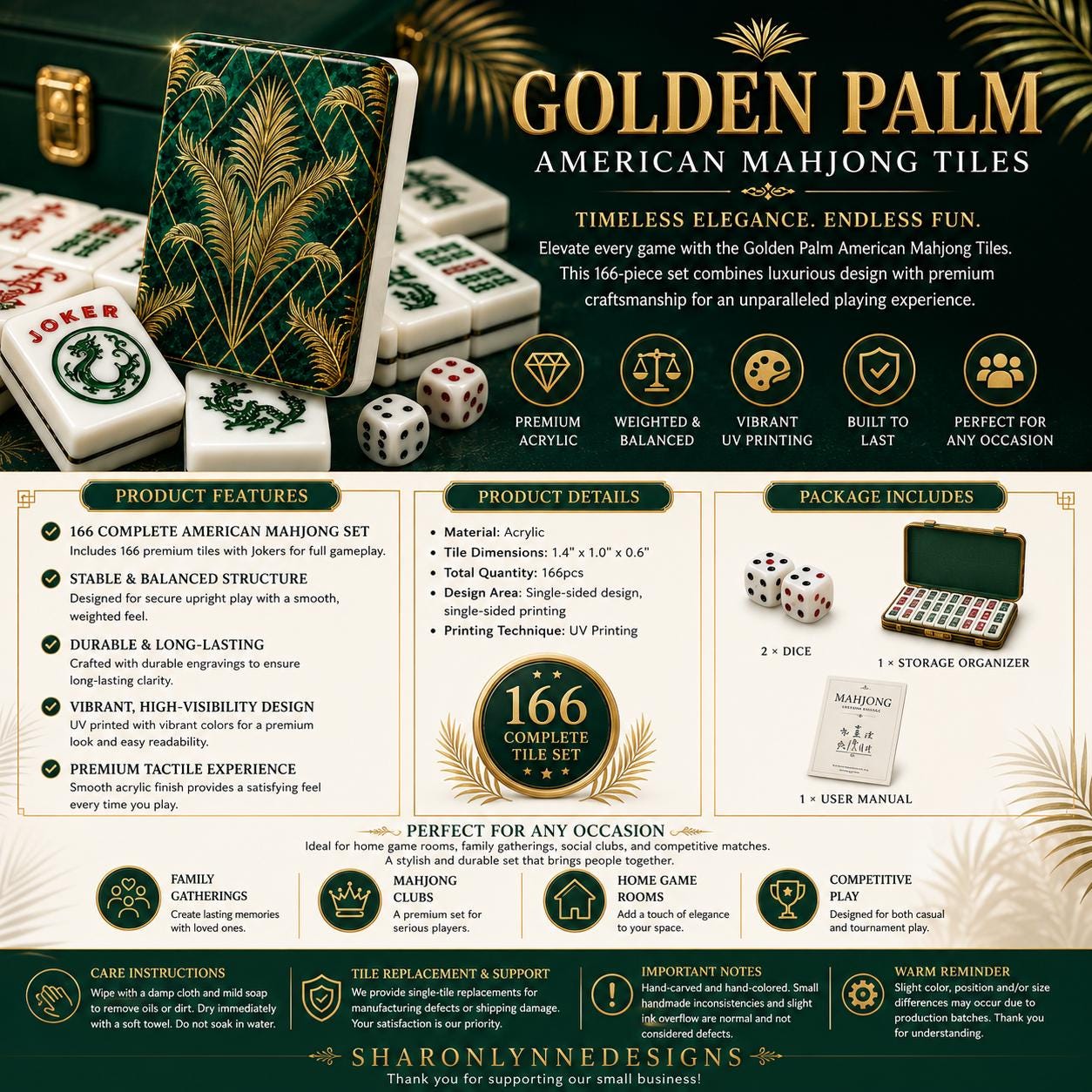 Golden Palm American Mahjong Tiles – 166 Piece Acrylic Set