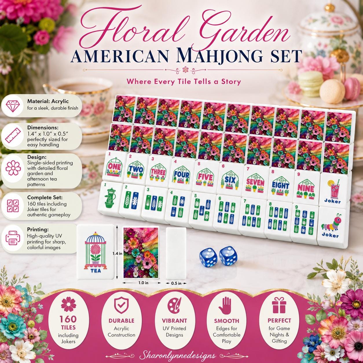 Floral Garden American Mahjong Set – 160 Acrylic Tiles with Jokers, Game Night Fun
