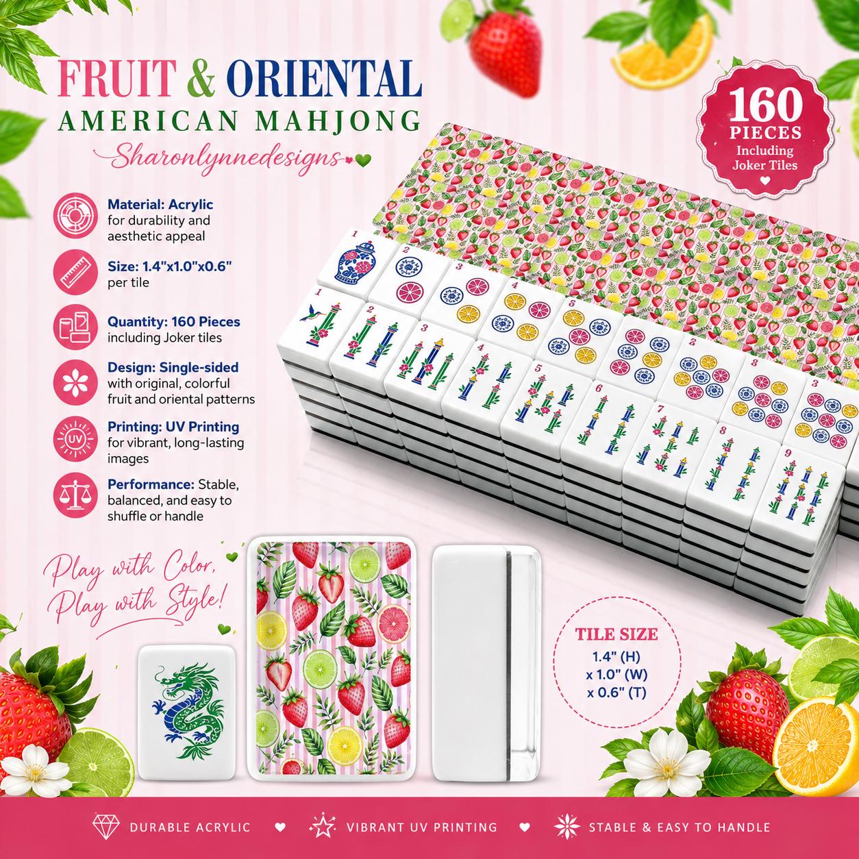Fruit American Mahjong Tiles Set, Traditional Porcelain Style, Acrylic Colorful Designs