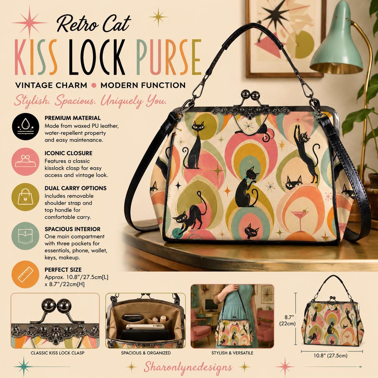 Retro Cat Kiss Lock Crossbody Bag, Waxed PU Leather, Vintage Style Purse