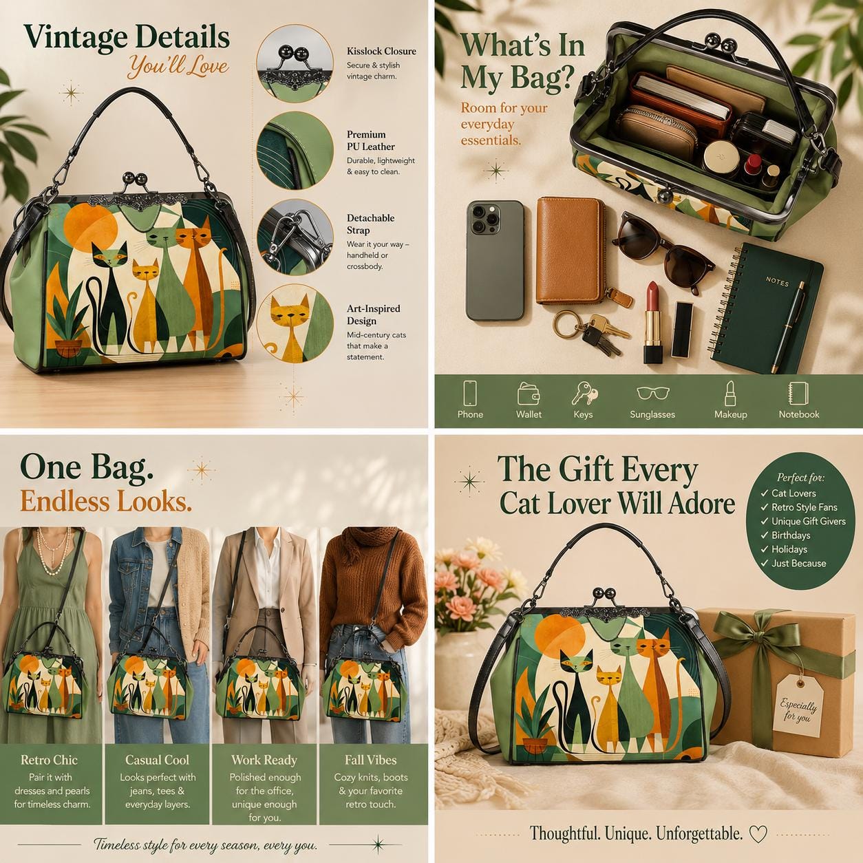Mid-century kitty bag, Kiss lock Crossbody Shoulder Purse