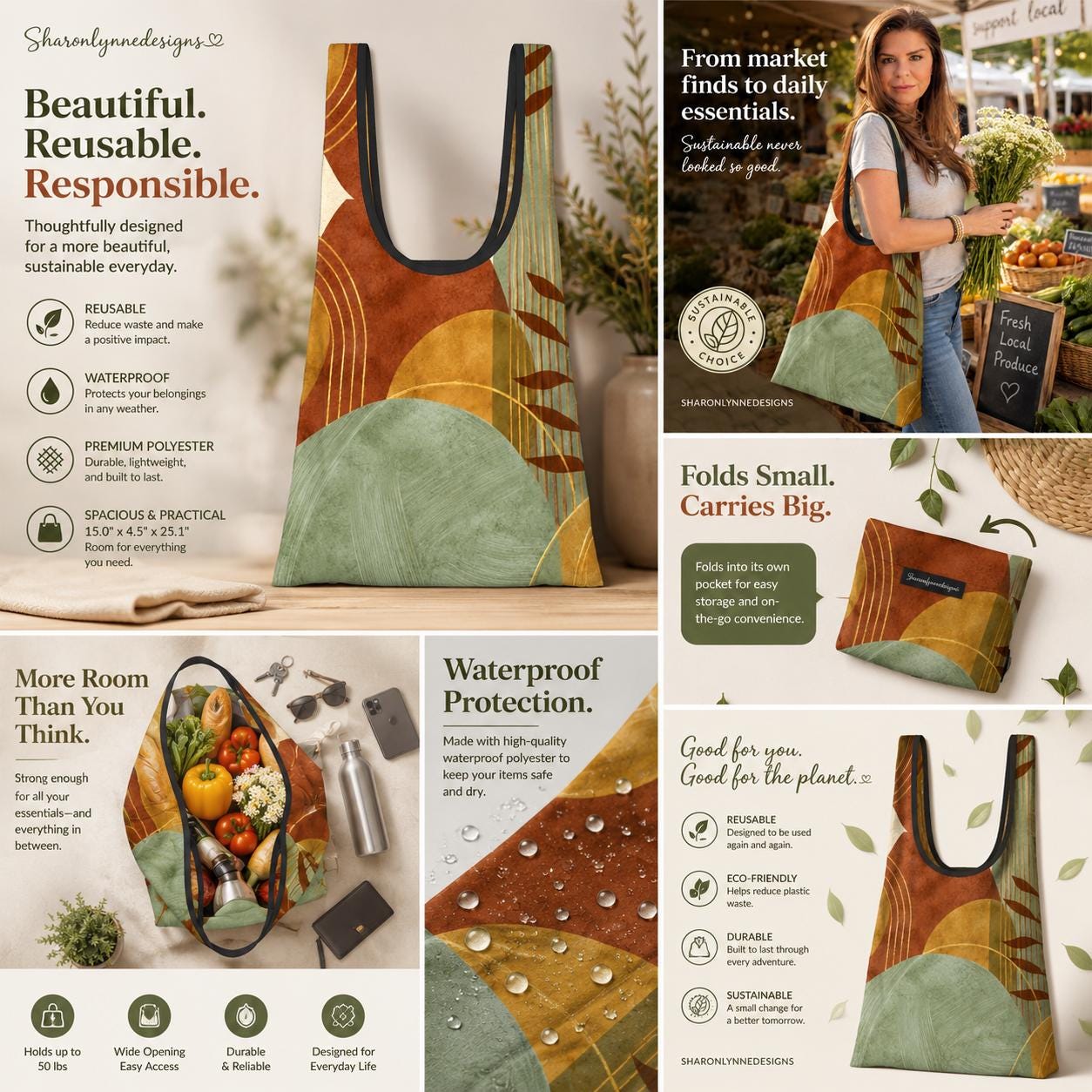 Artful Folding Reusable Shopping Bags, Eco-Friendly Market Bag
