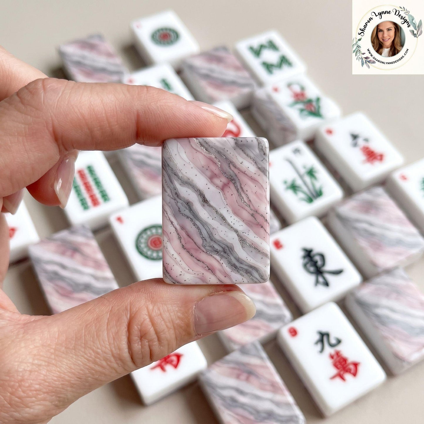Mahjong Tile Set - Pink Marble Acrylic for Family Game Nights