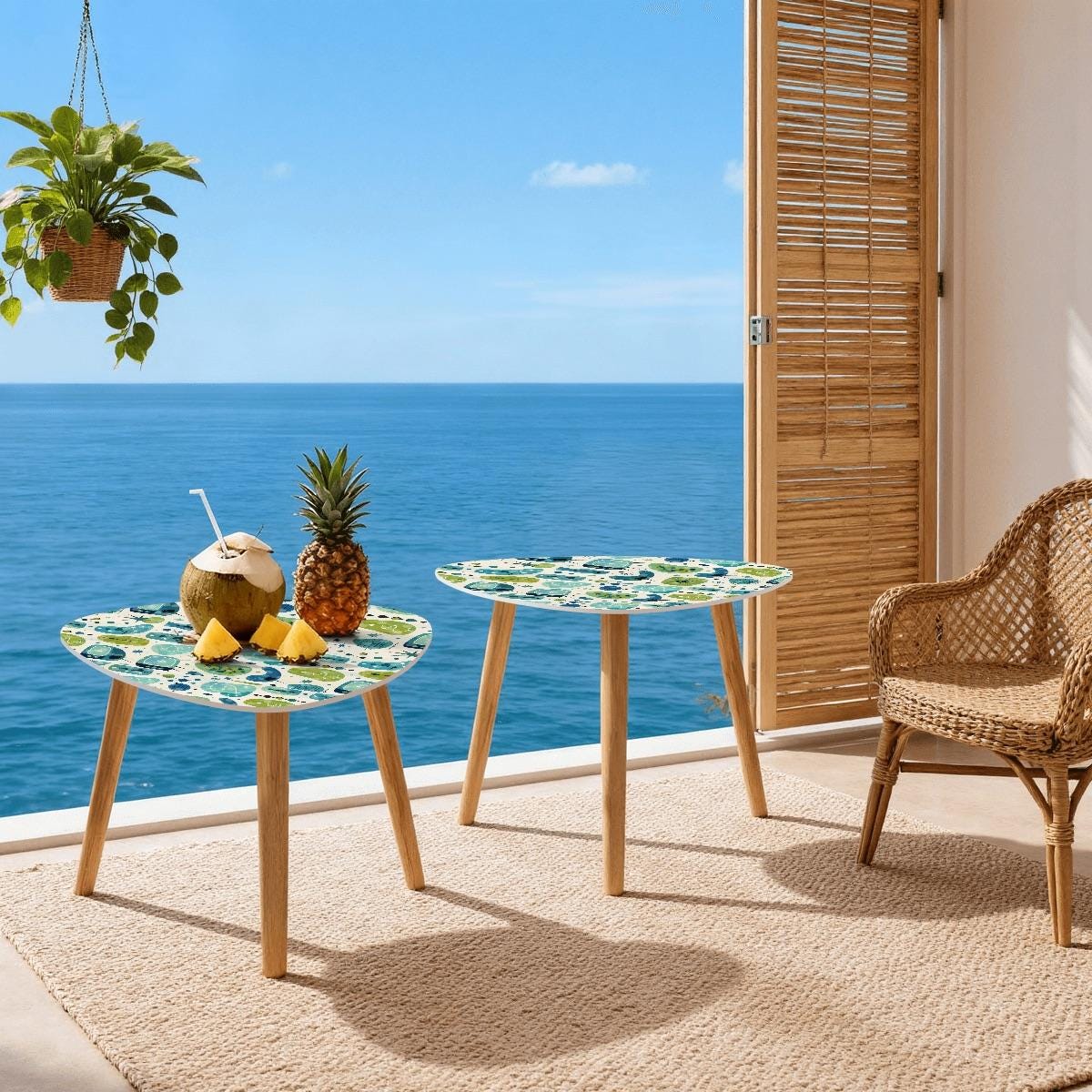 Blue Retro Coffee Table Set of 2 | Made in USA, Eco-Friendly Bamboo Legs