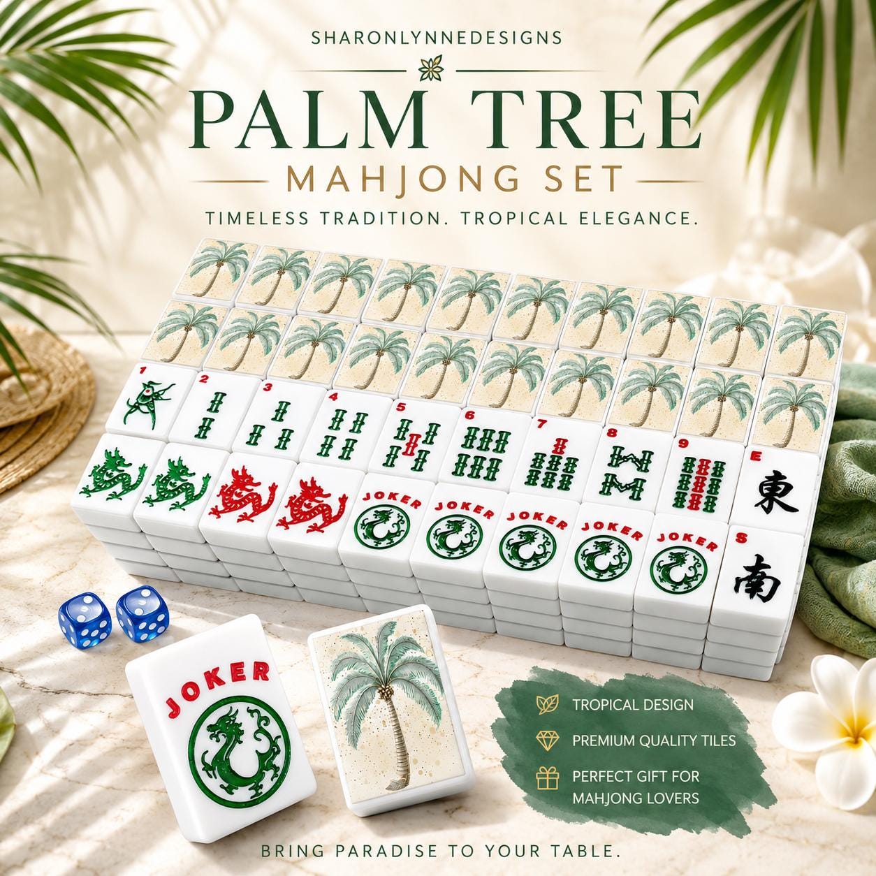 Palm Tree Mahjong Tiles Set: Acrylic American Mahjong Game (166 Pieces)