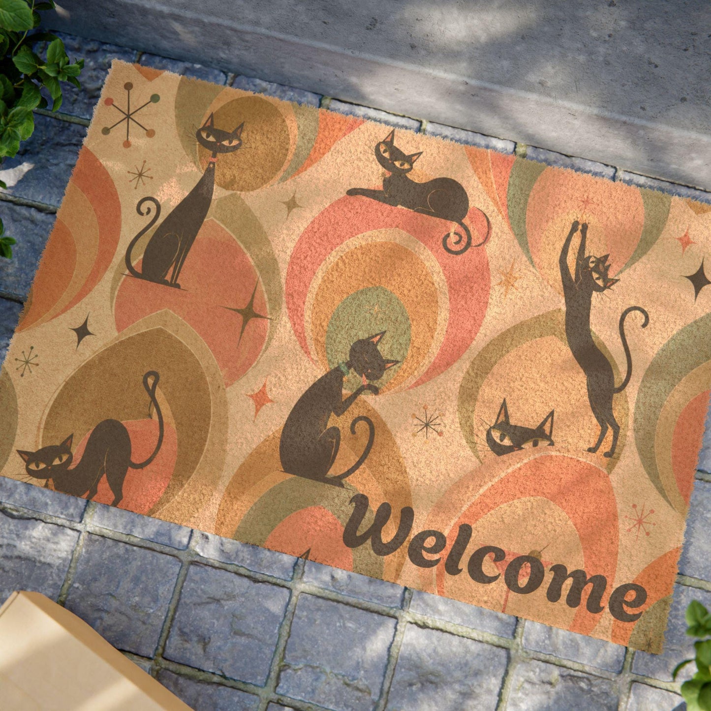 Retro Cat Pattern Doormat | Welcome Mat with Mid Century Cats