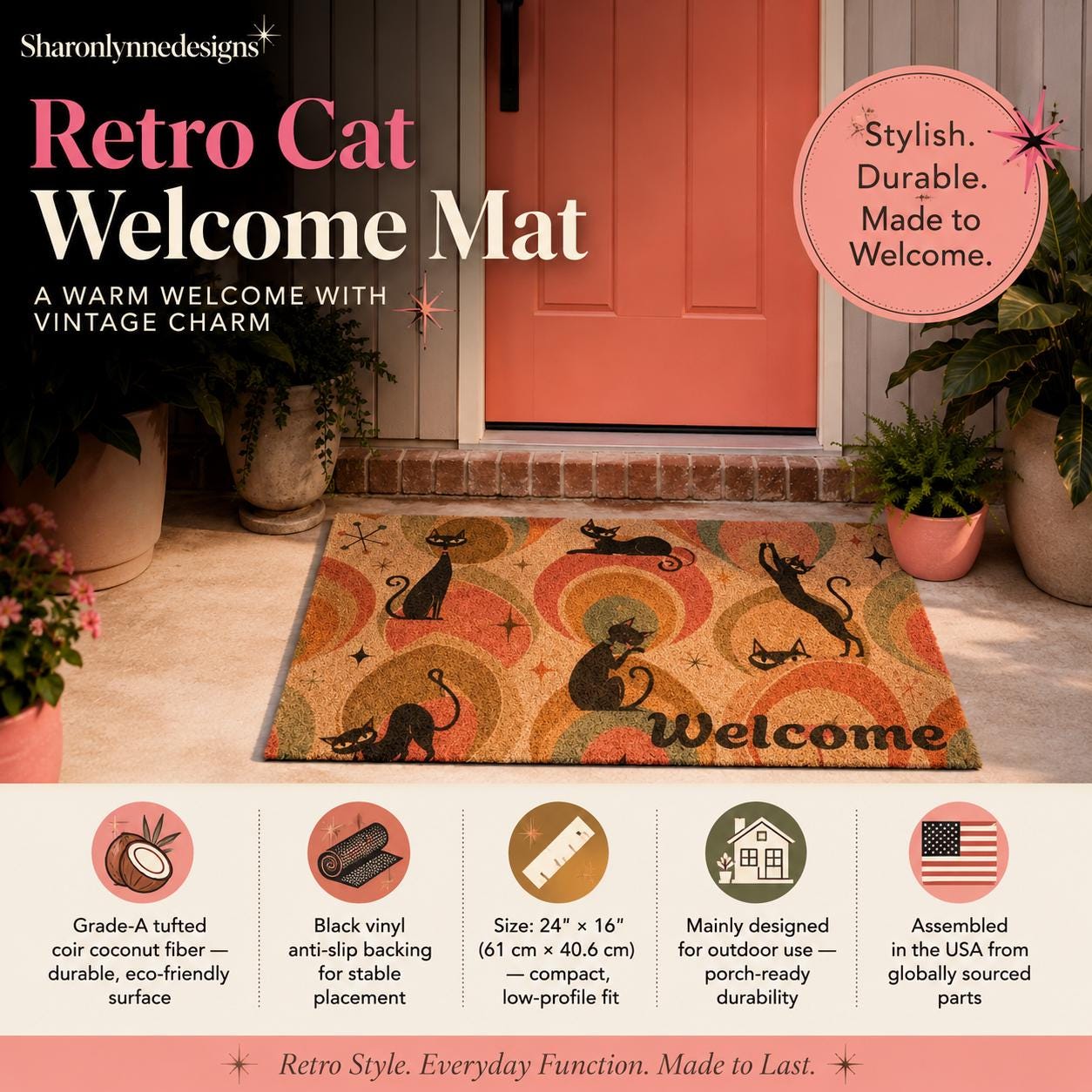 Retro Cat Pattern Doormat | Welcome Mat with Mid Century Cats