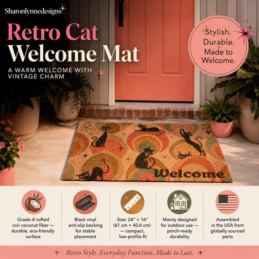 Retro Cat Pattern Doormat | Welcome Mat with Mid Century Cats
