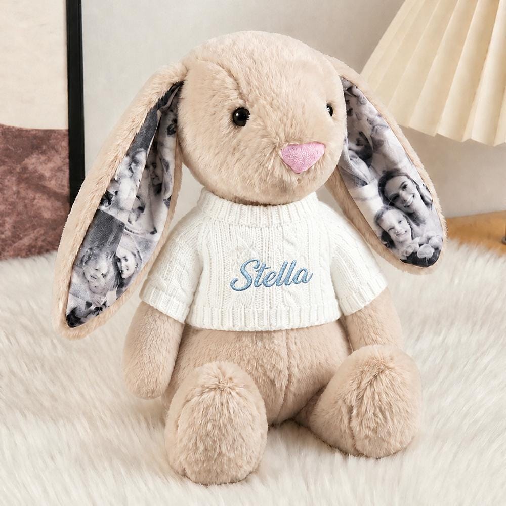 Custom Photo Bunny Plush: Personalized Name Embroidery, Anniversary Keepsake