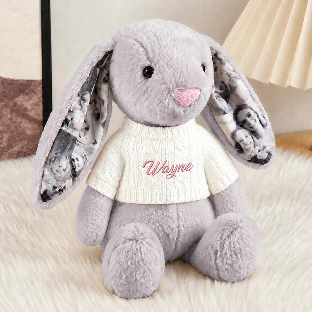 Custom Photo Bunny Plush: Personalized Name Embroidery, Anniversary Keepsake