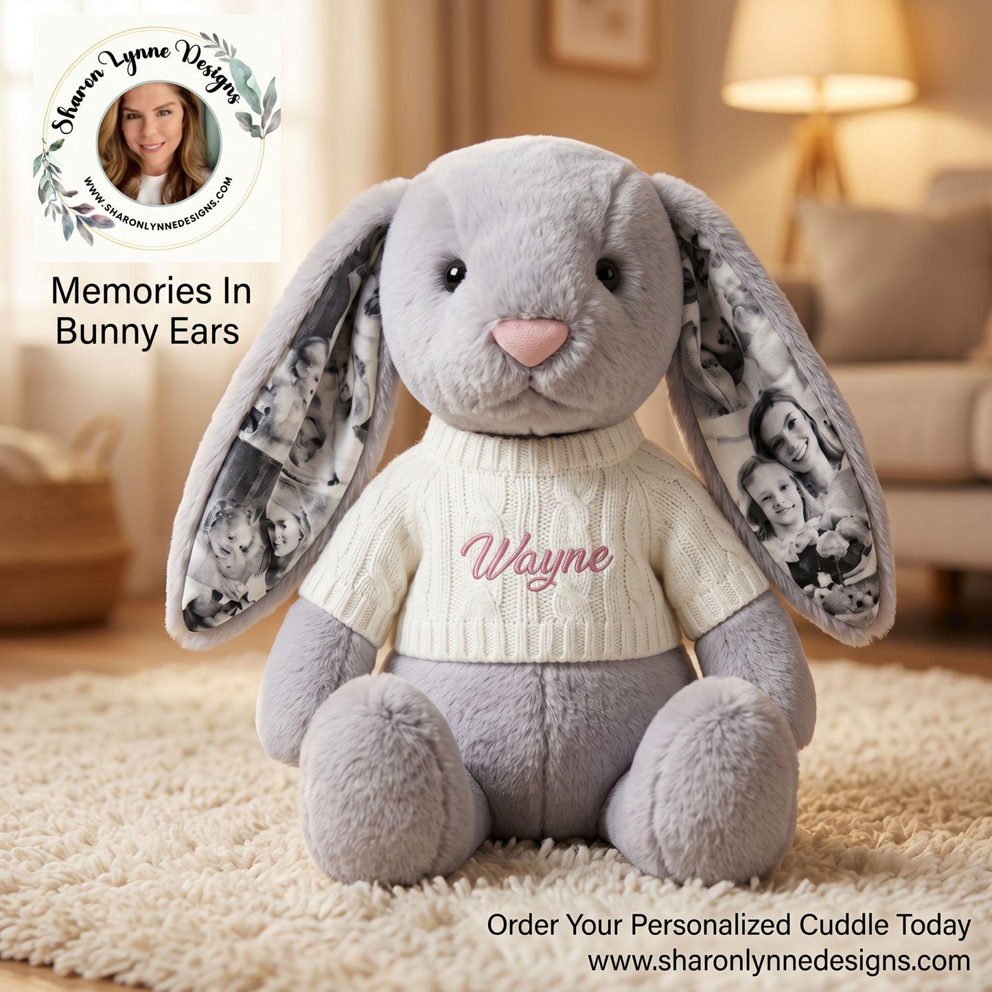 Custom Photo Bunny Plush: Personalized Name Embroidery, Anniversary Keepsake