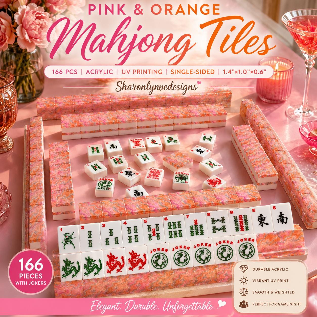 Pink & Orange Acrylic Mahjong Tiles Set | 166-Piece American Game with Marble Design