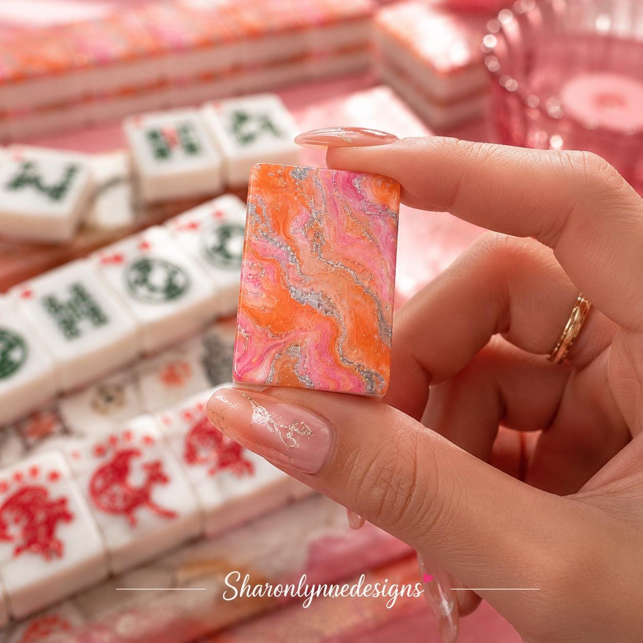 Pink & Orange Acrylic Mahjong Tiles Set | 166-Piece American Game with Marble Design