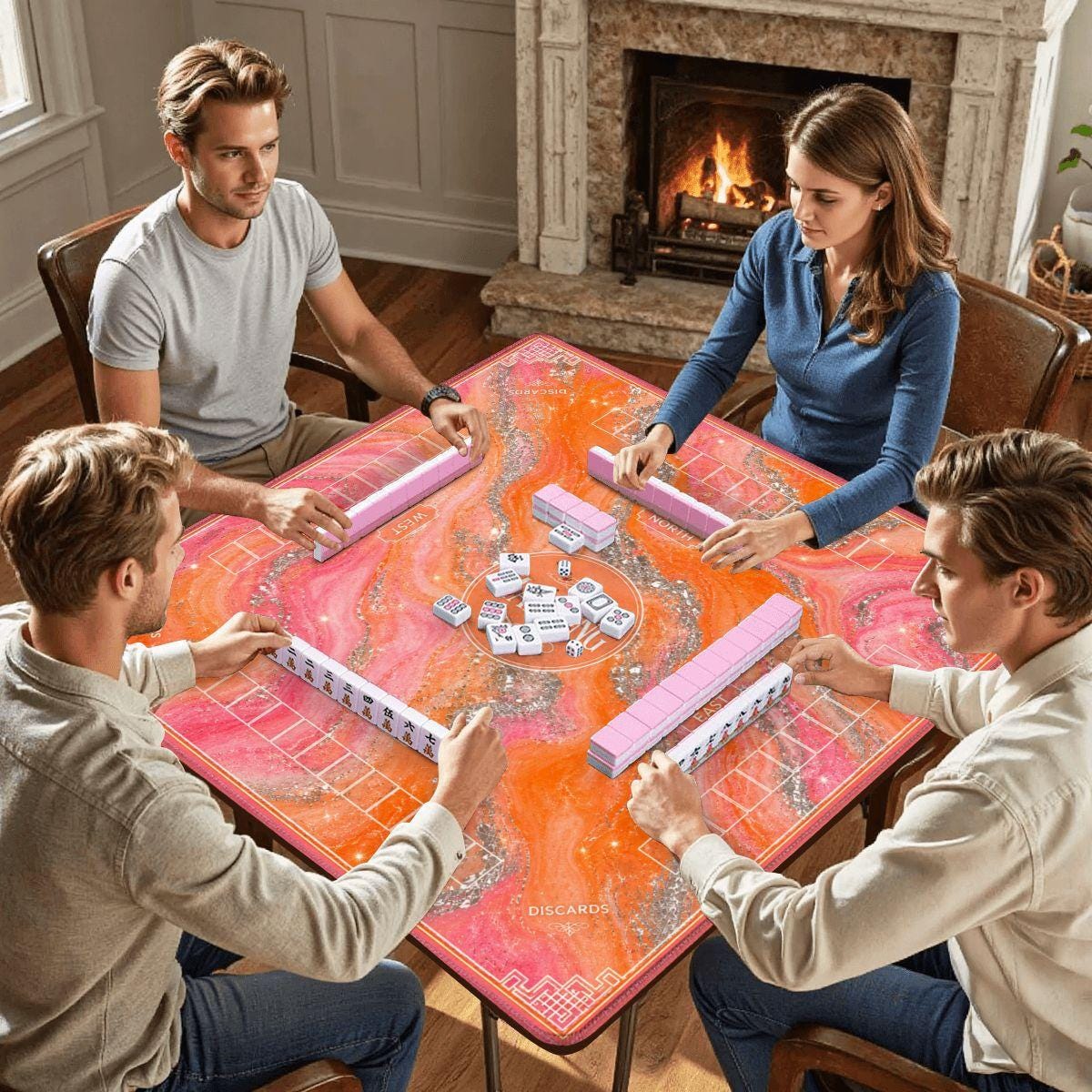 Pink Orange Mahjong Mat 31.5x31.5 Non-Slip Polyester Game Board Table Cover