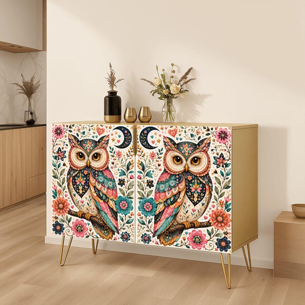 Owl Wooden Storage Cabinet | Handmade Boho Accent Furniture | Rustic Nature Decor