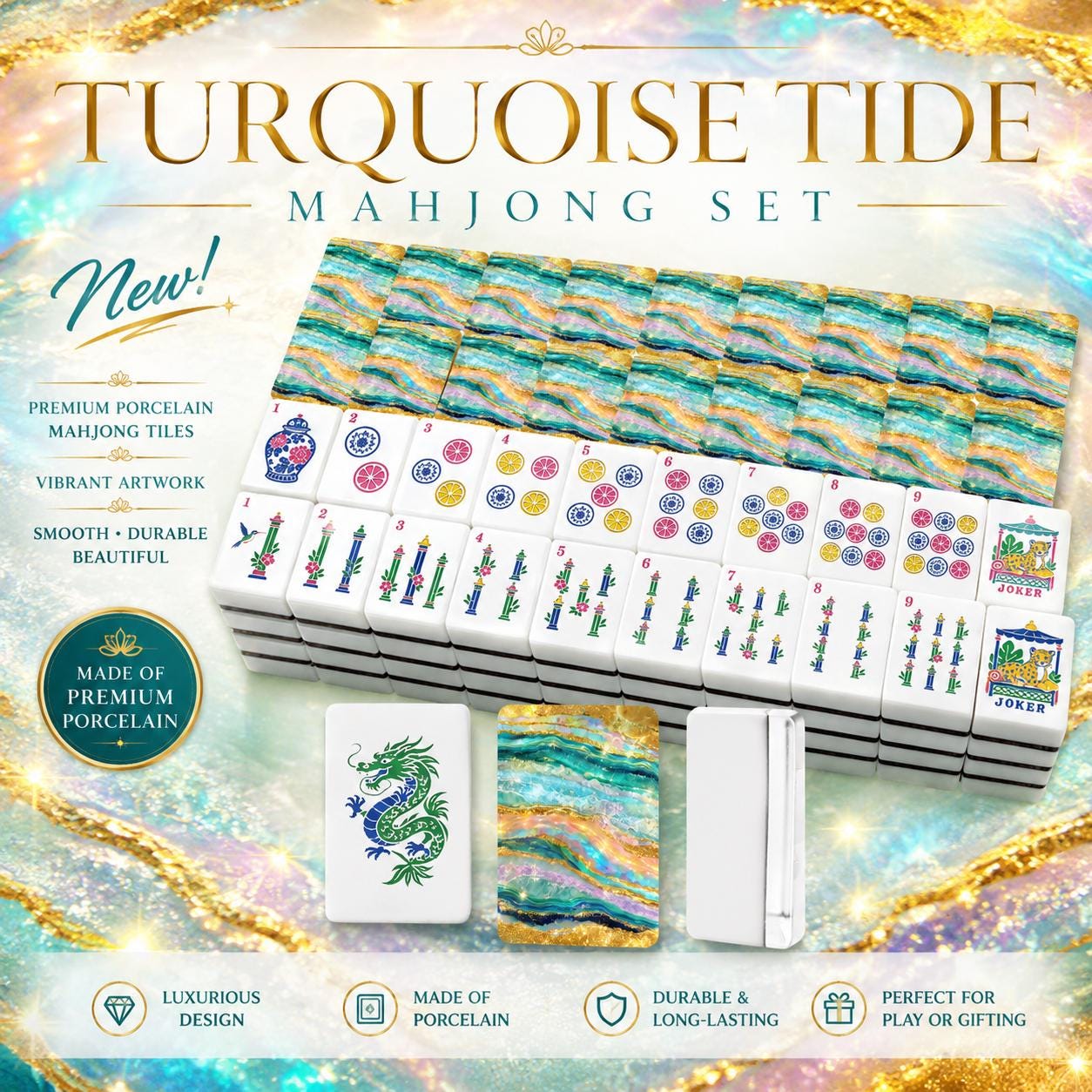 Turquoise Tide American Mahjong Tiles (Traditional Porcelain Style)