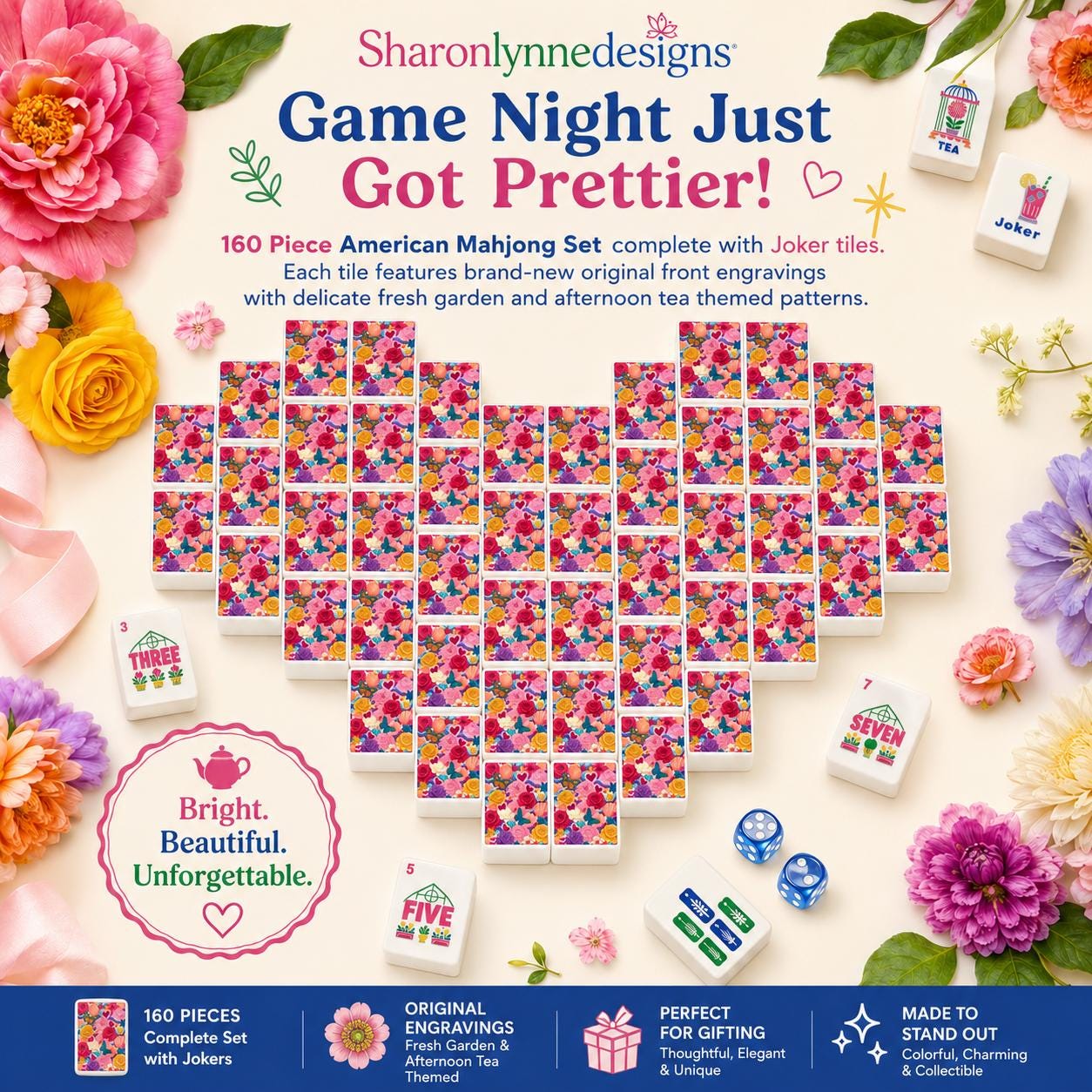 Flowers Mahjong Tiles Set, Floral Garden Style, Acrylic 160-Piece Bright Design