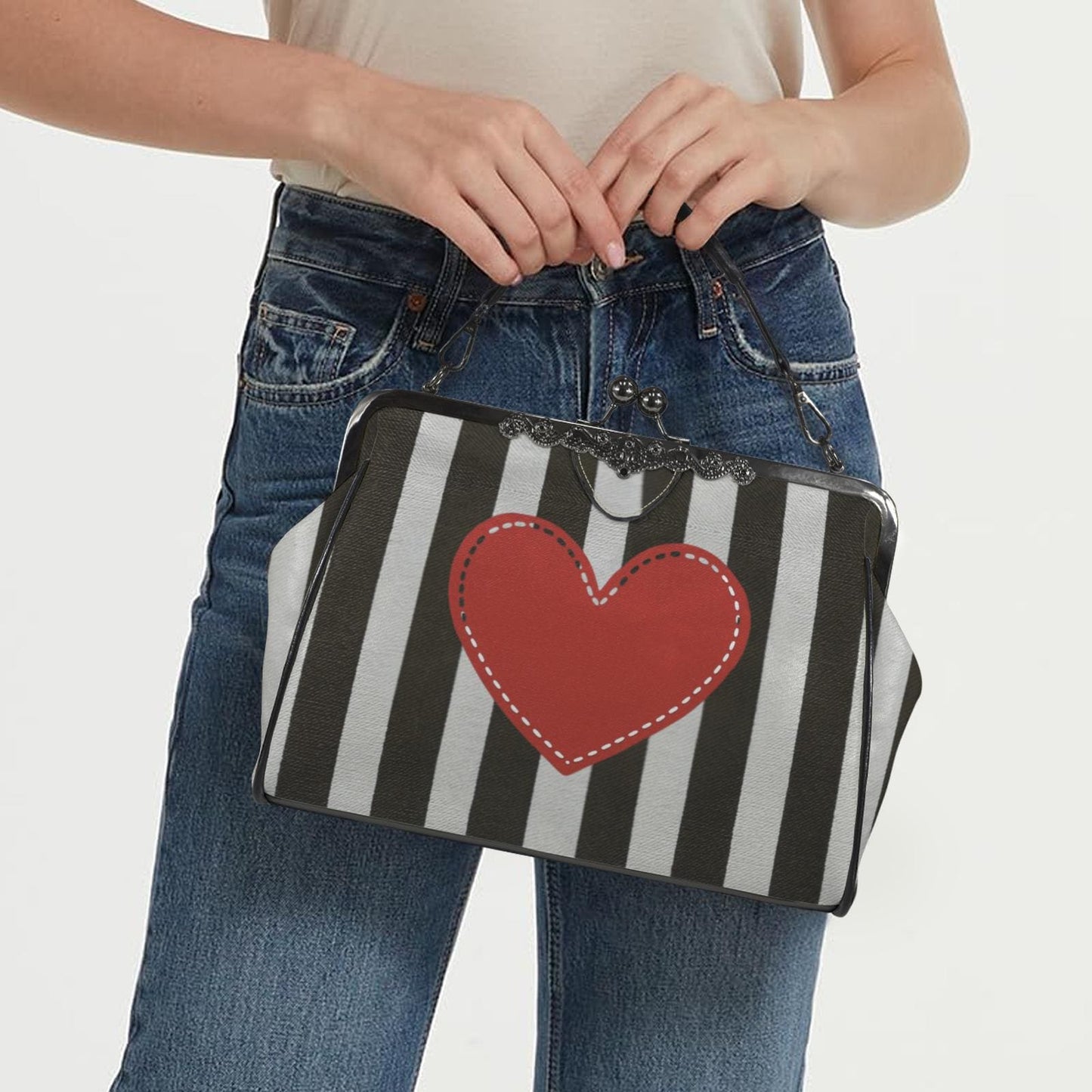 Striped Heart Kisslock Crossbody Shoulder Bag - Vintage Style Gift for Women