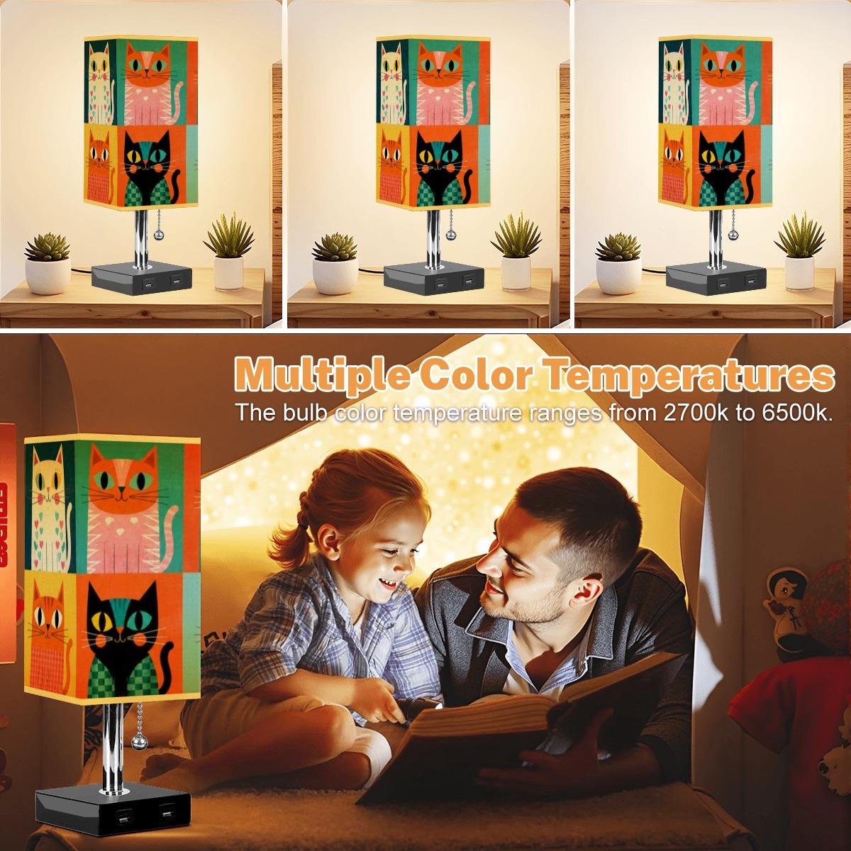 Retro Cat Square Table Lamp with Gold Edged Shade, UV Print, USB Ports