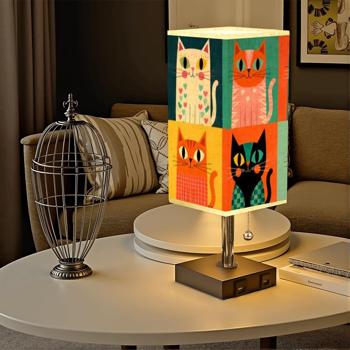 Retro Cat Square Table Lamp with Gold Edged Shade, UV Print, USB Ports