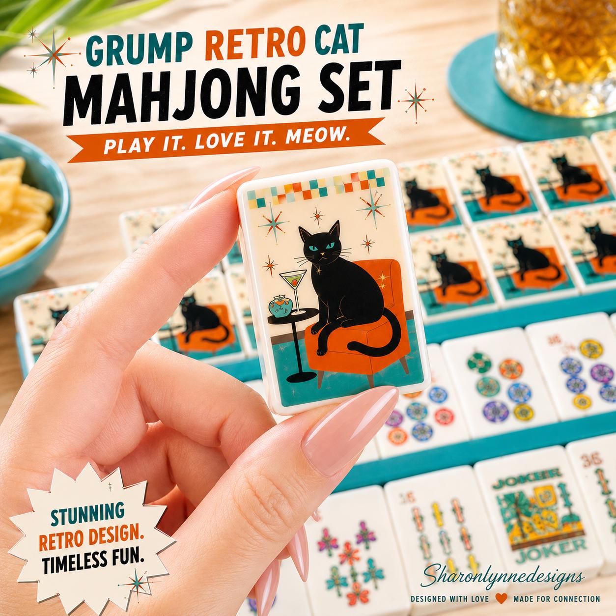 Grump Retro Cat Mahjong Tile Set 160 Acrylic Porcelain Style Traditional Game Pieces