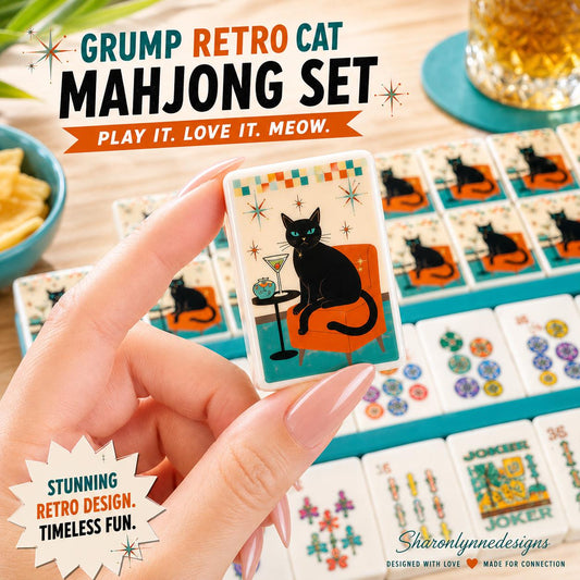 Grump Retro Cat Mahjong Tile Set 160 Acrylic Porcelain Style Traditional Game Pieces